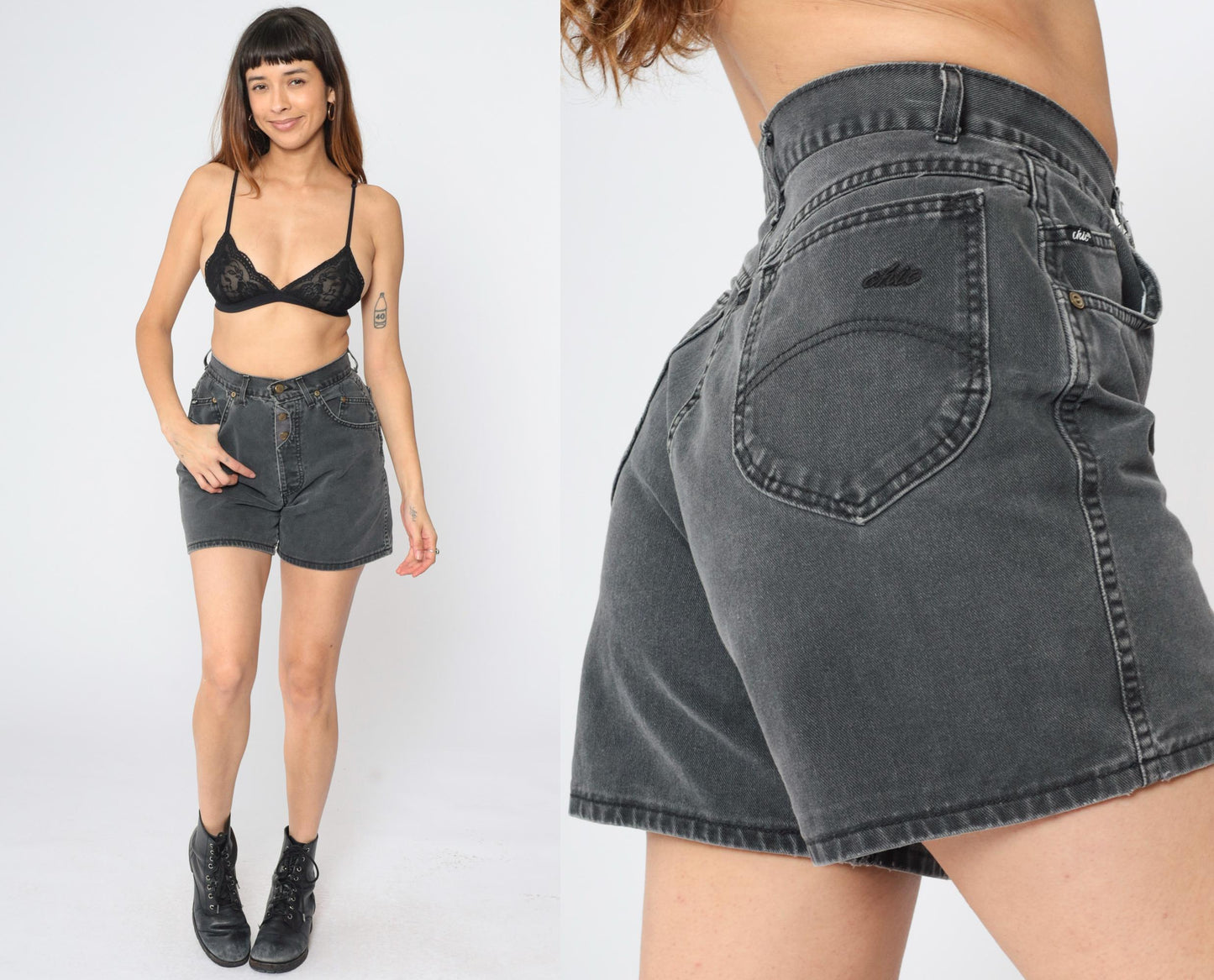 90s Black Denim Shorts High Rise Button Fly Faded Jean Shorts Small S