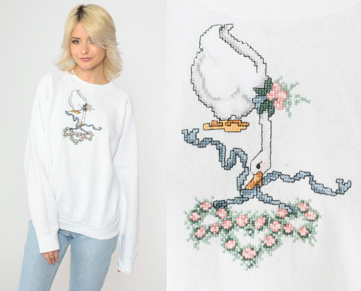 90s Goose Floral Cross-Stitch Sweatshirt White Raglan Graphic Large
