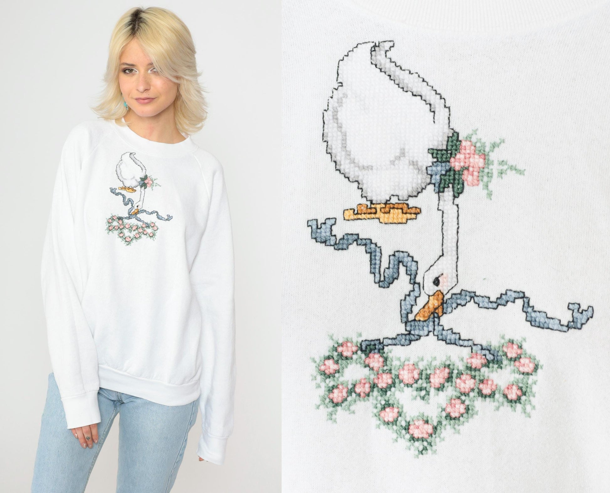 90s Goose Floral Cross-Stitch Sweatshirt White Raglan Graphic Large