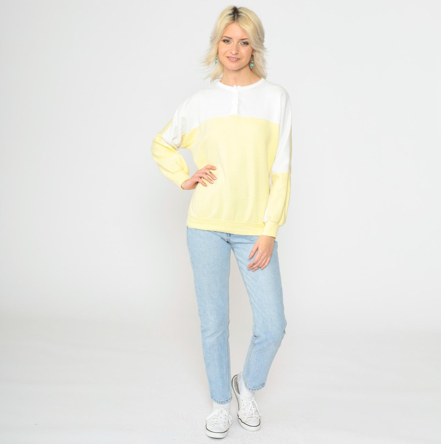 80s Yellow & White Henley Sweatshirt Color Block Slouchy Large