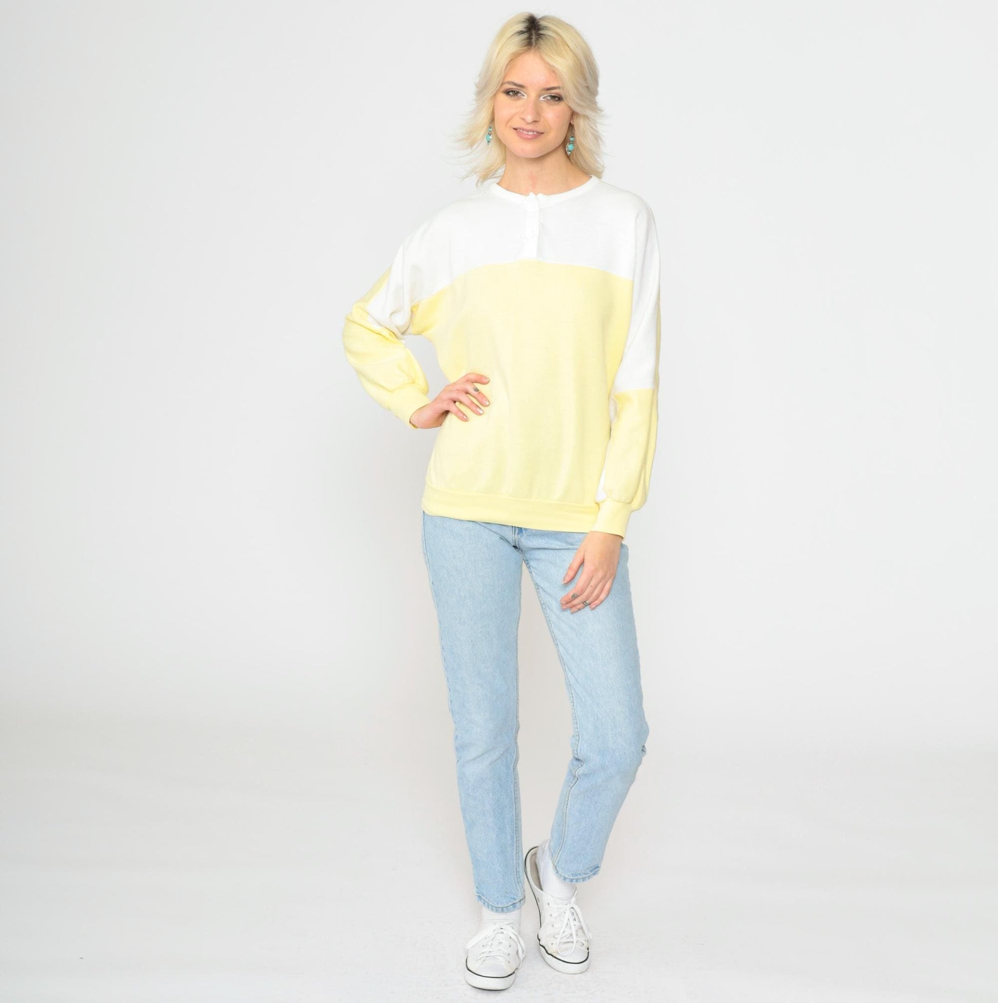 80s Yellow & White Henley Sweatshirt Color Block Slouchy Large