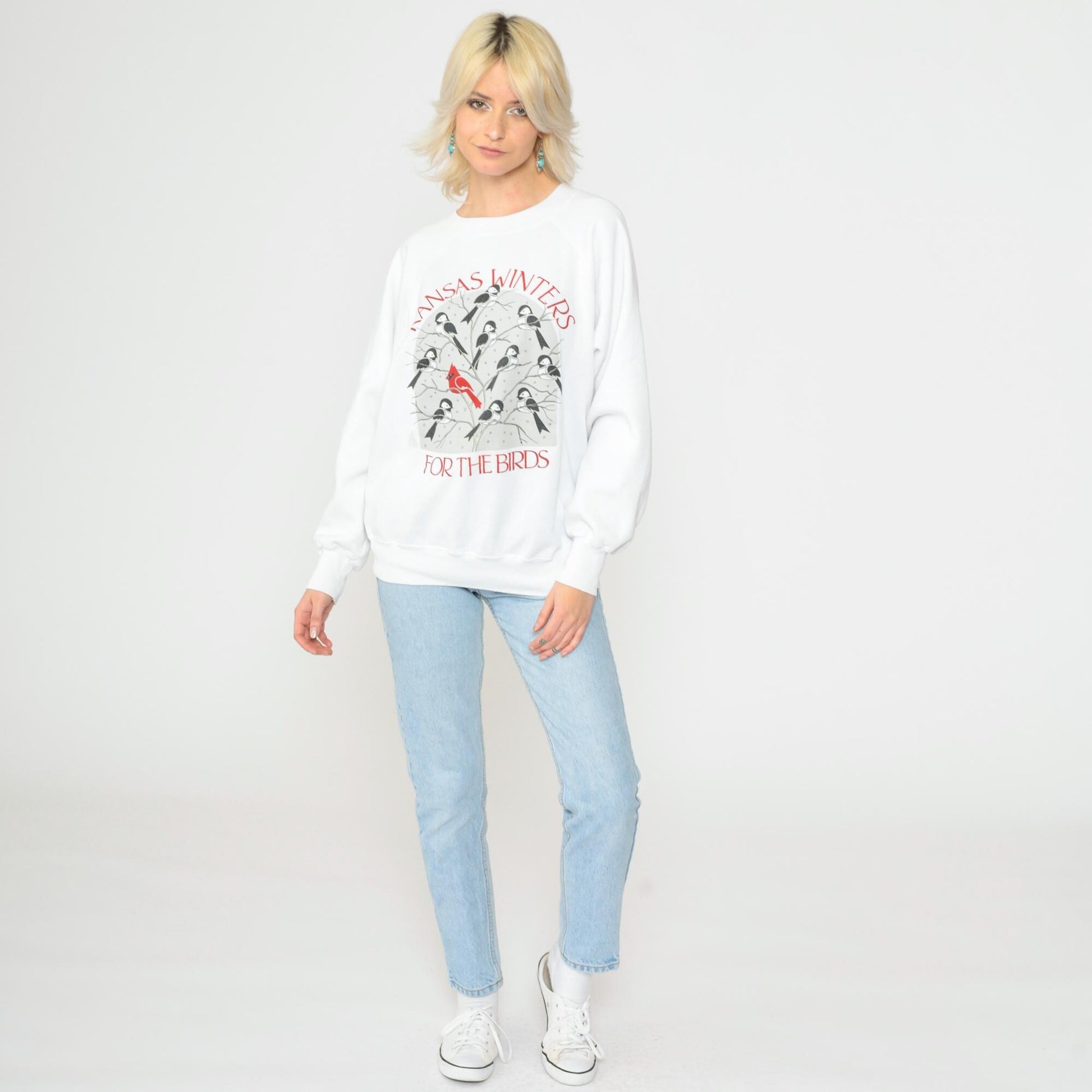 90s Kansas Winter Bird Graphic Sweatshirt White Crewneck Large