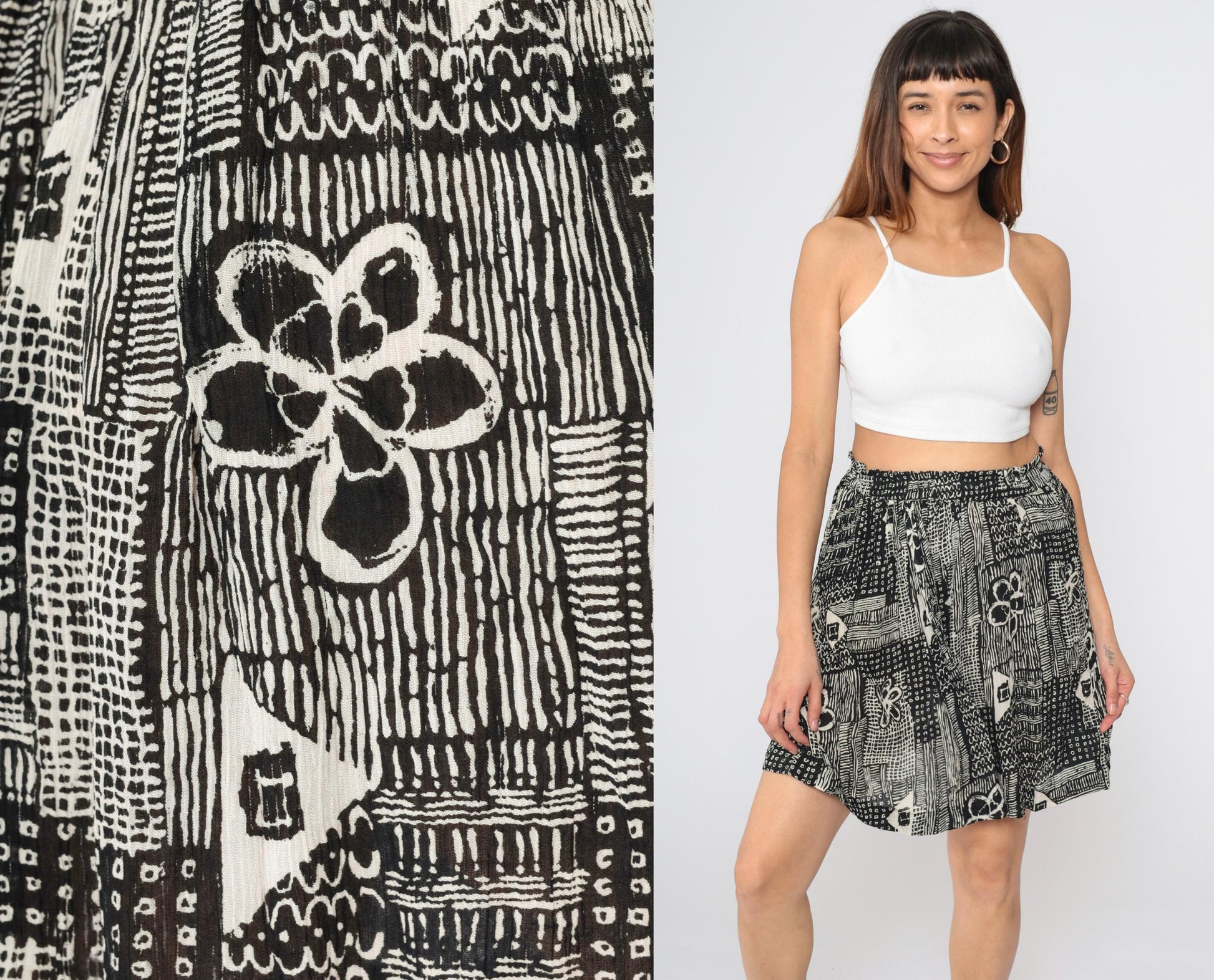 90s Cotton Express Floral Mini Skirt Black White Geometric Print Small