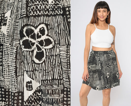 90s Cotton Express Floral Mini Skirt Black White Geometric Print Small