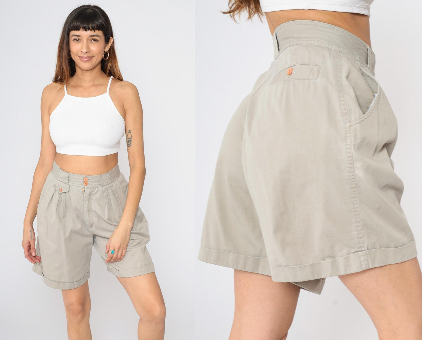 90s Khaki Pleated Shorts High Waisted Trouser Baggy Cotton Small