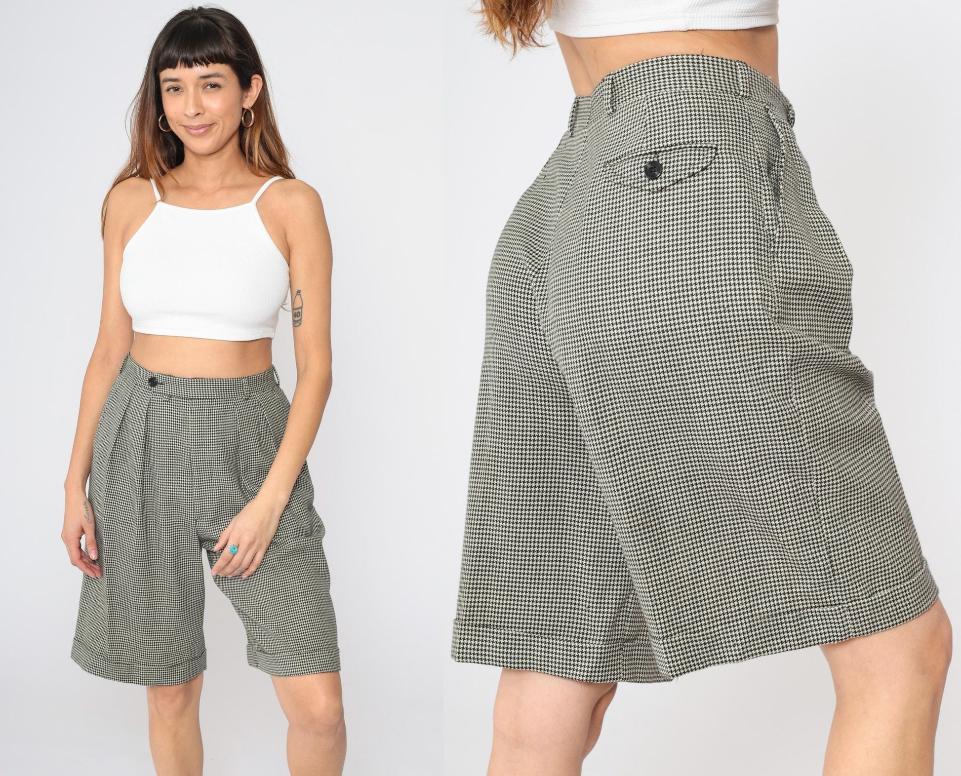 90s Houndstooth Pleated Bermuda Shorts Black White High Waist Cuffed Medium