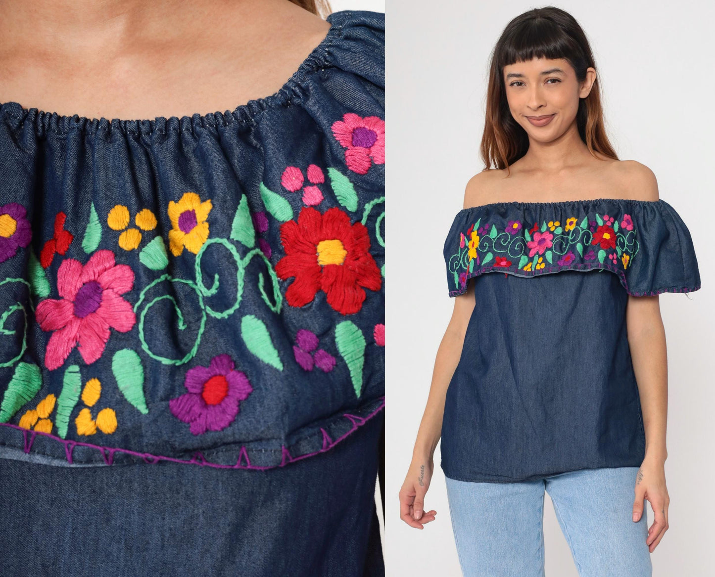 90s Mexican Chambray Blouse Embroidered Floral Elastic Neckline Tunic Medium