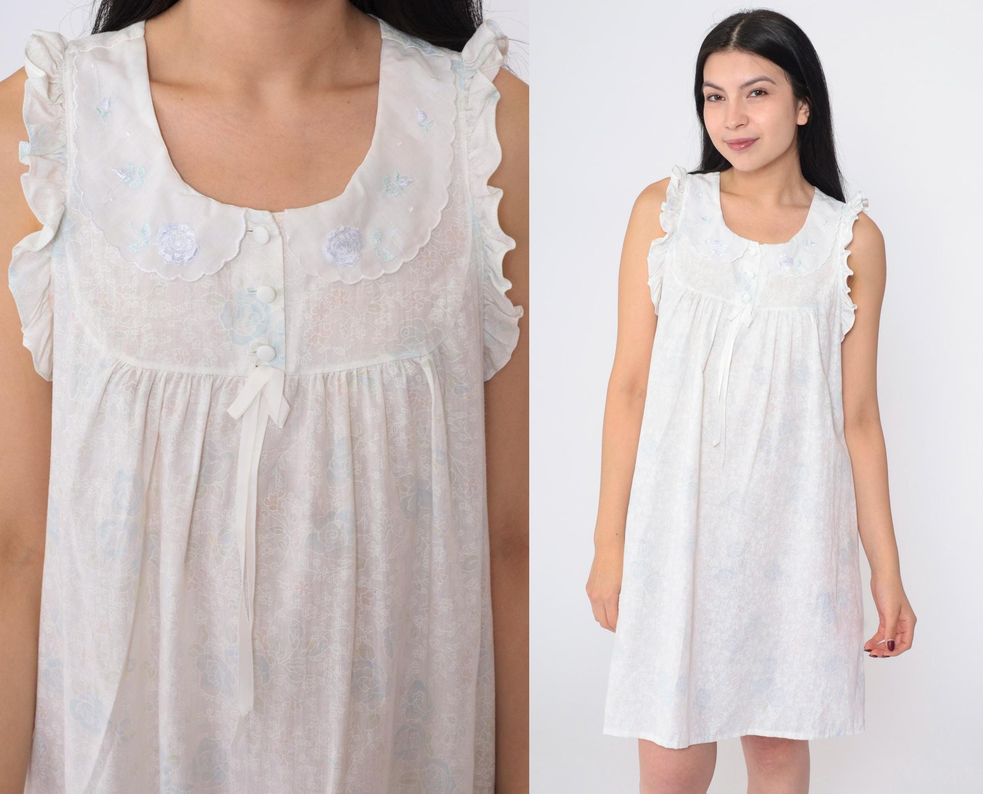 90s White Floral Nightgown Peter Pan Collar Embroidered Ruffled Mini Small