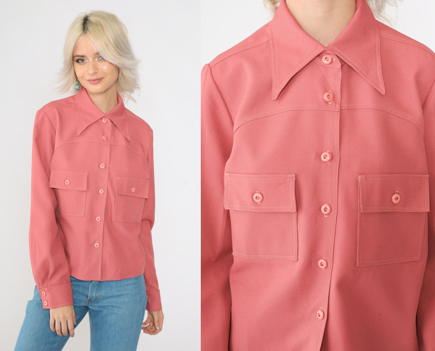 70s Pink Dagger Collar Button-Up Blouse Long Sleeve Chest Pocket Medium