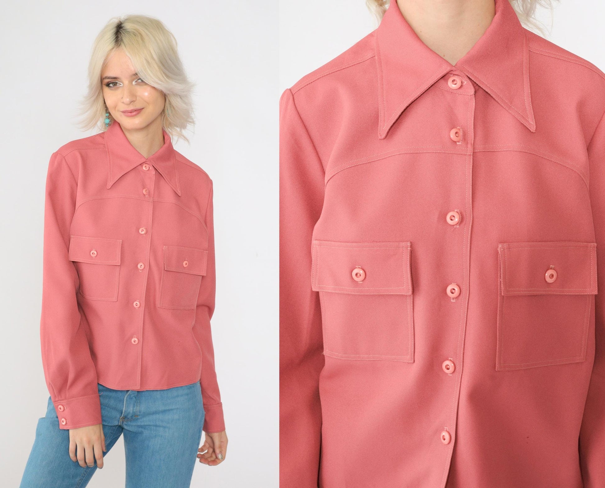 70s Pink Dagger Collar Button-Up Blouse Long Sleeve Chest Pocket Medium