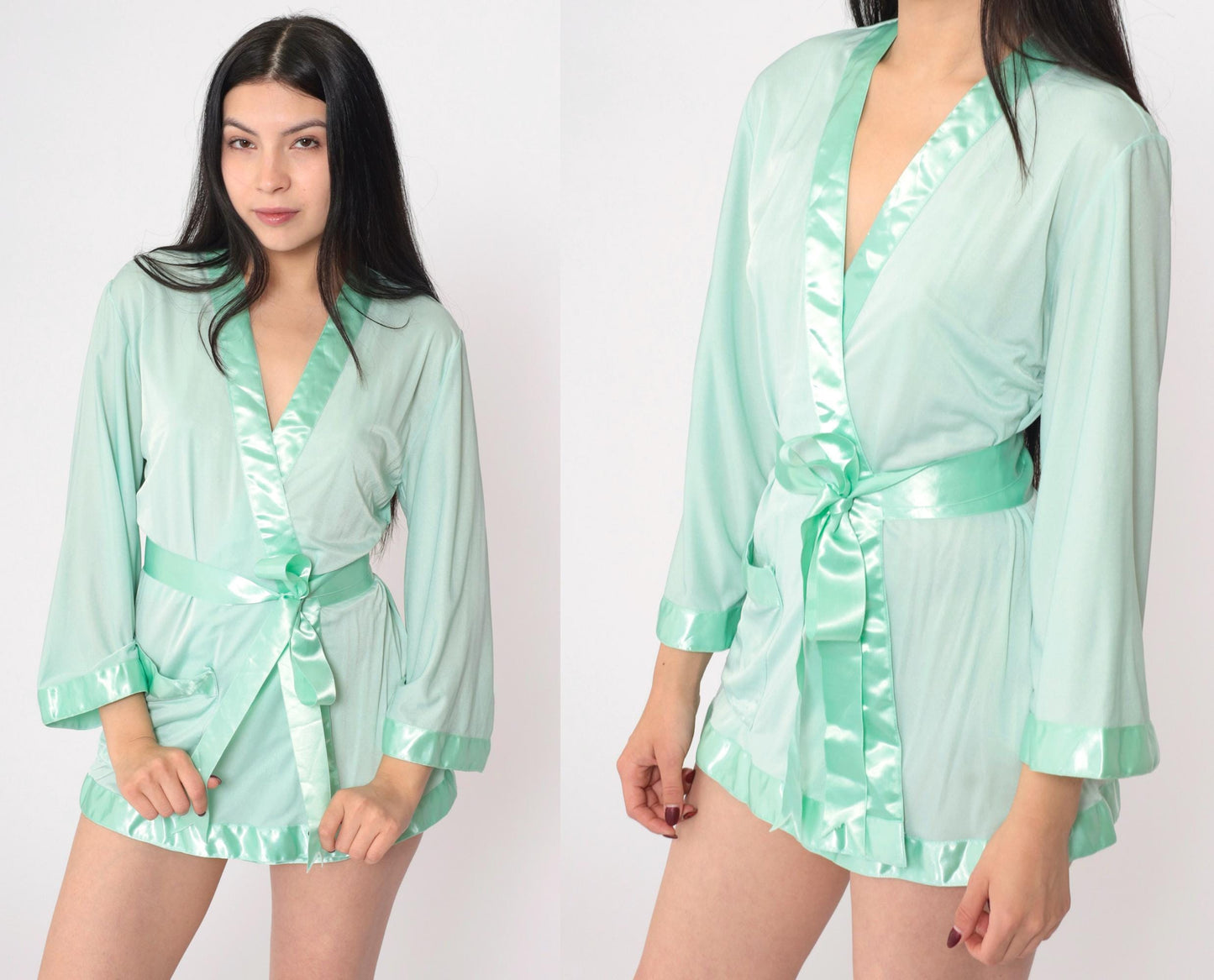 80s Mint Green Satin Trim Pajama Robe Wrap Tie Front Mini Medium