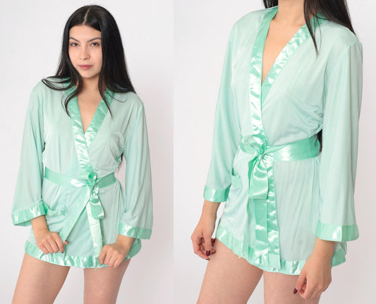 80s Mint Green Satin Trim Pajama Robe Wrap Tie Front Mini Medium