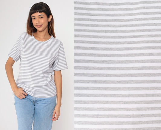 90s Grey & White Striped T-Shirt Cotton Blend Crewneck Large