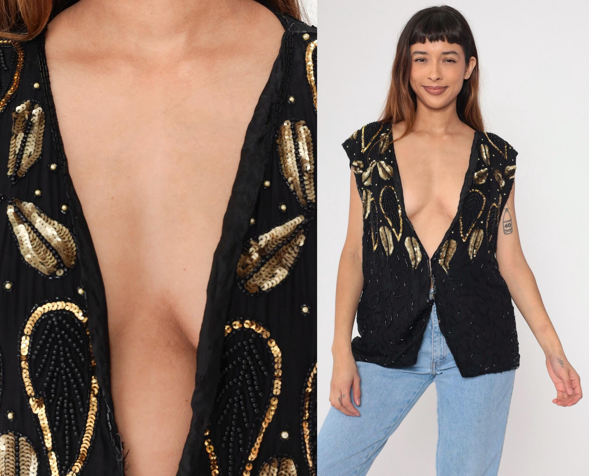 90s Midnight Run Black Silk Beaded Vest Gold Leaf Sequin Deep V Medium