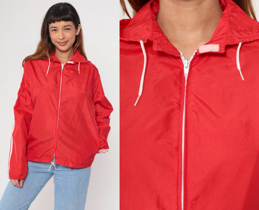 90s SUB4 Red Nylon Windbreaker Hooded Jacket Striped Sleeves Medium