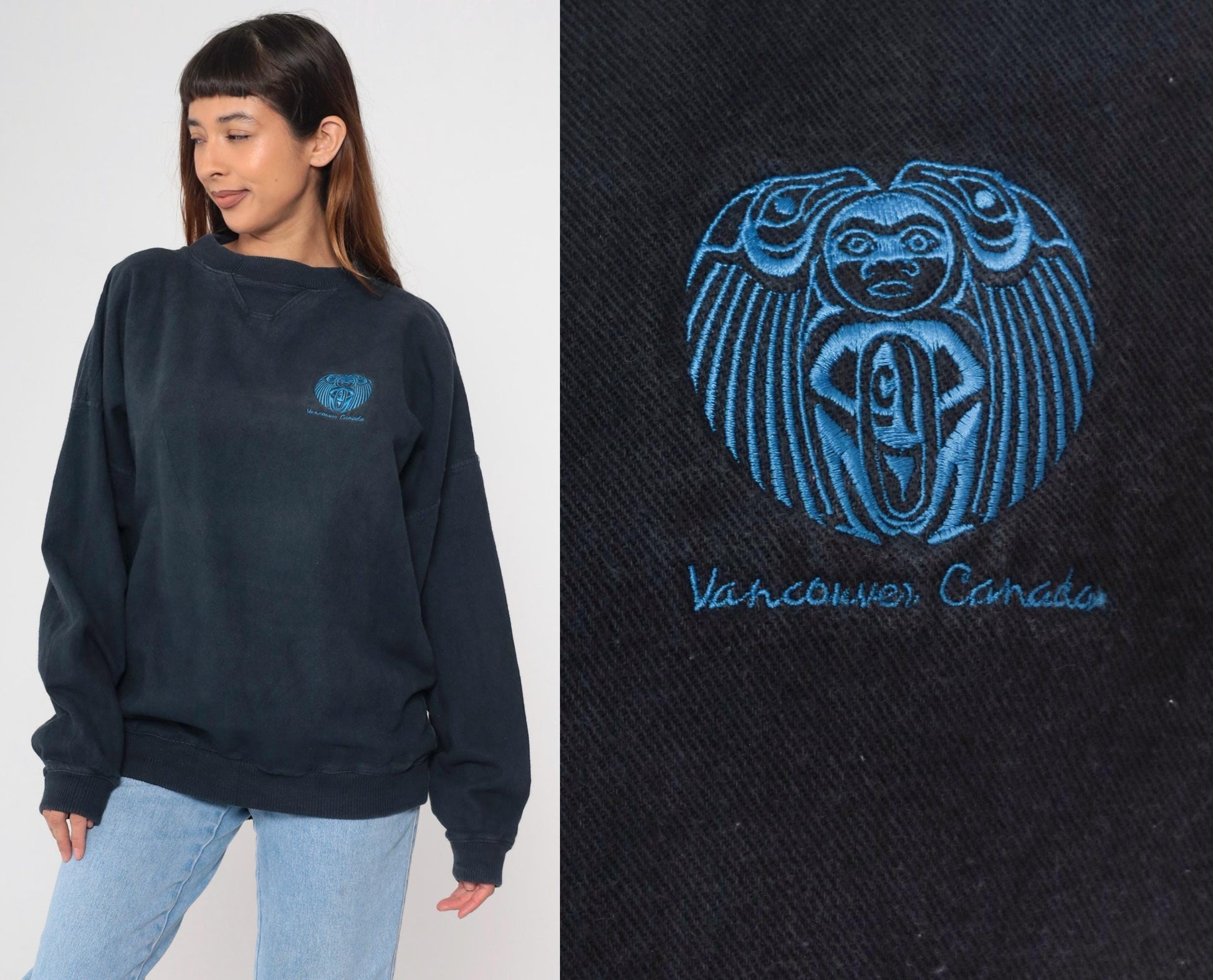90s Vancouver Indigenous Embroidered Sweatshirt Faded Black Canada Crewneck XXL