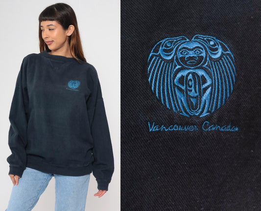 90s Vancouver Indigenous Embroidered Sweatshirt Faded Black Canada Crewneck XXL