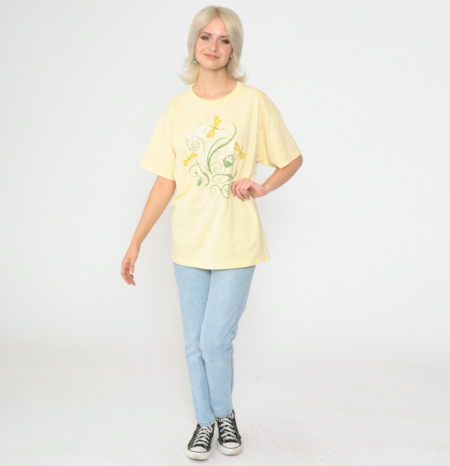 Y2K Dragonfly Floral Graphic Tee Yellow Short Sleeve Crewneck Medium