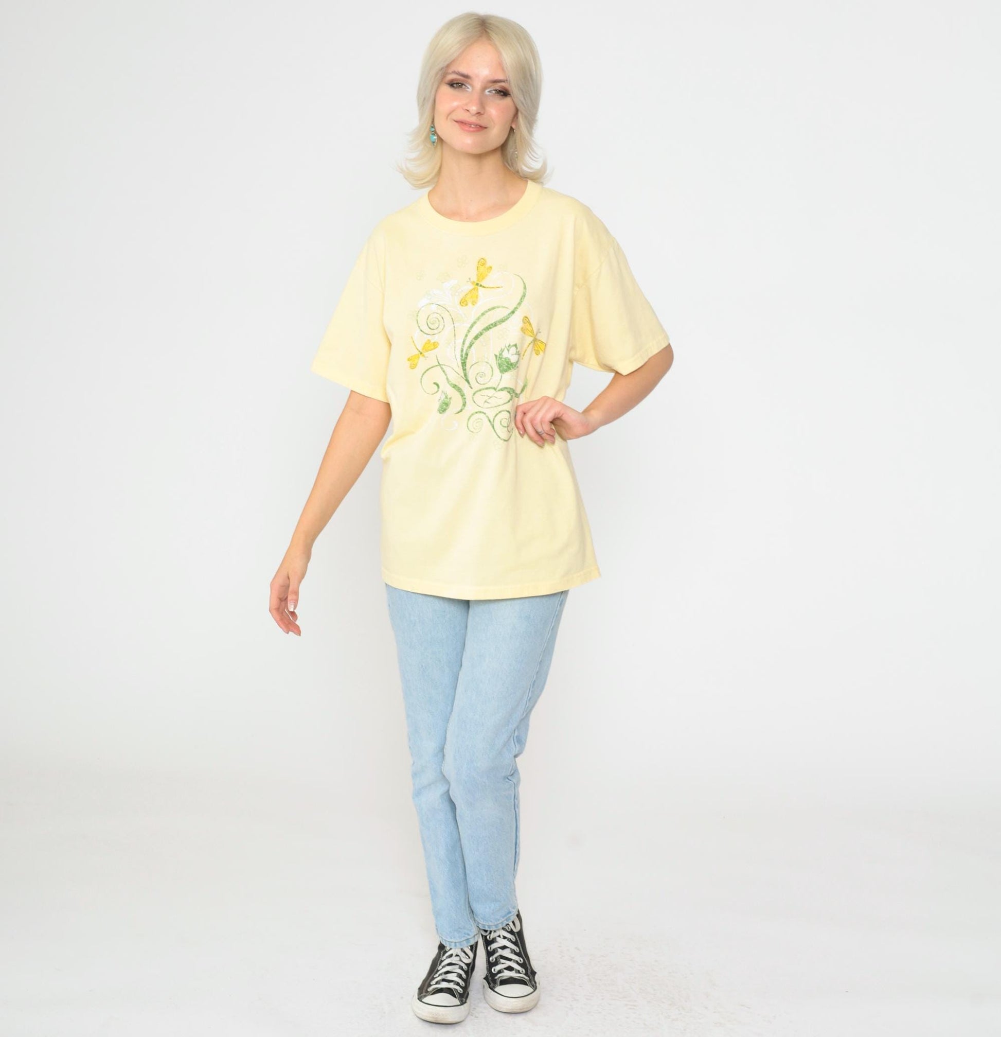 Y2K Dragonfly Floral Graphic Tee Yellow Short Sleeve Crewneck Medium