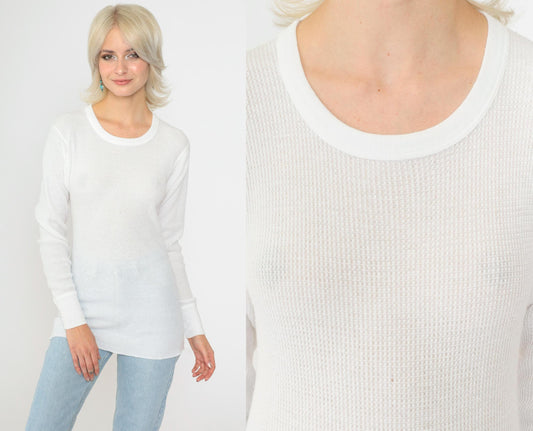 80s White Thermal Waffle Knit Long Sleeve Undershirt Small