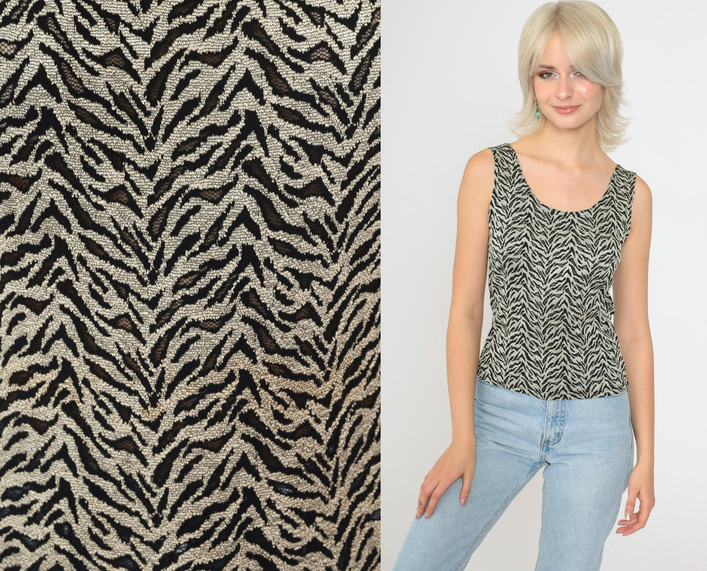90s Zebra Stripe Tank Top Grey Sheer Mesh Scoop Neck Small Medium
