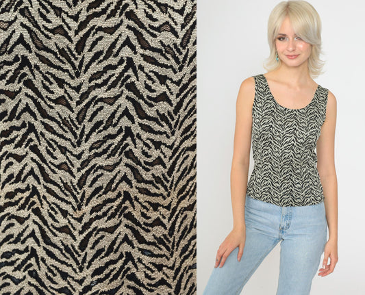 90s Zebra Stripe Tank Top Grey Sheer Mesh Scoop Neck Small Medium