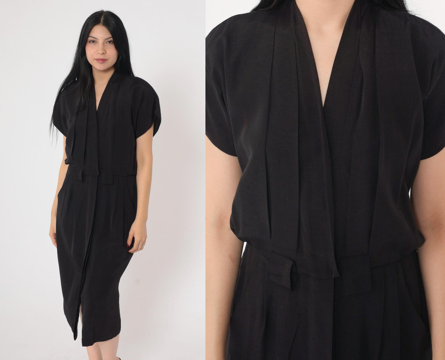 90s Black Button-Up Midi Dress V-Neck Pleated Sheath Small Petite