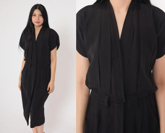 90s Black Button-Up Midi Dress V-Neck Pleated Sheath Small Petite