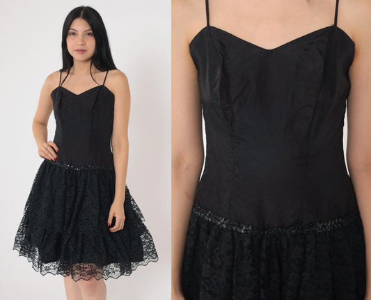 80s Black Lace Midi Dress Sweetheart Neckline Sequin Spaghetti Strap Extra Small
