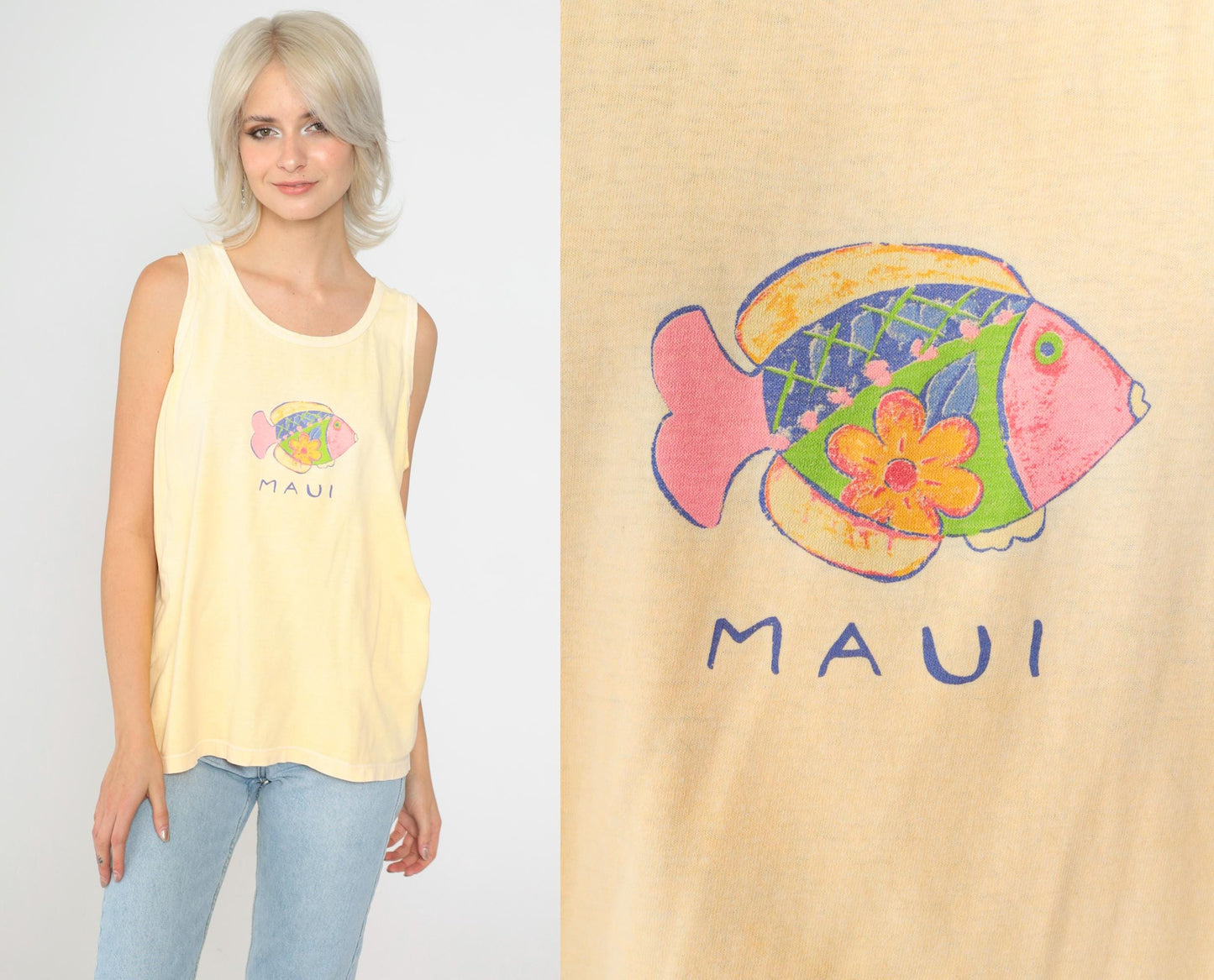 90s Maui Fish Shirt Yellow Tropical Tank Top Cotton Medium