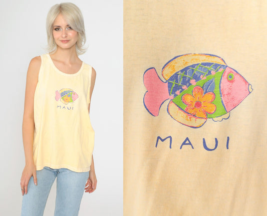 90s Maui Fish Shirt Yellow Tropical Tank Top Cotton Medium
