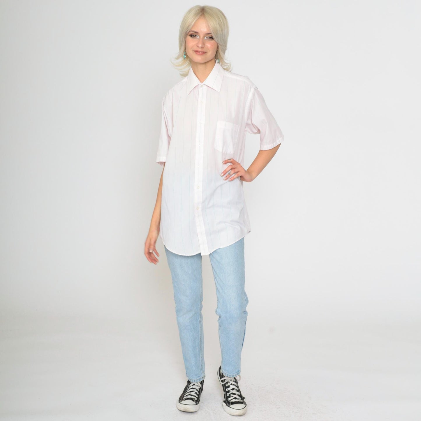 90s Van Heusen Striped Oxford Button-Up Shirt Baby Pink Blue Men's Medium