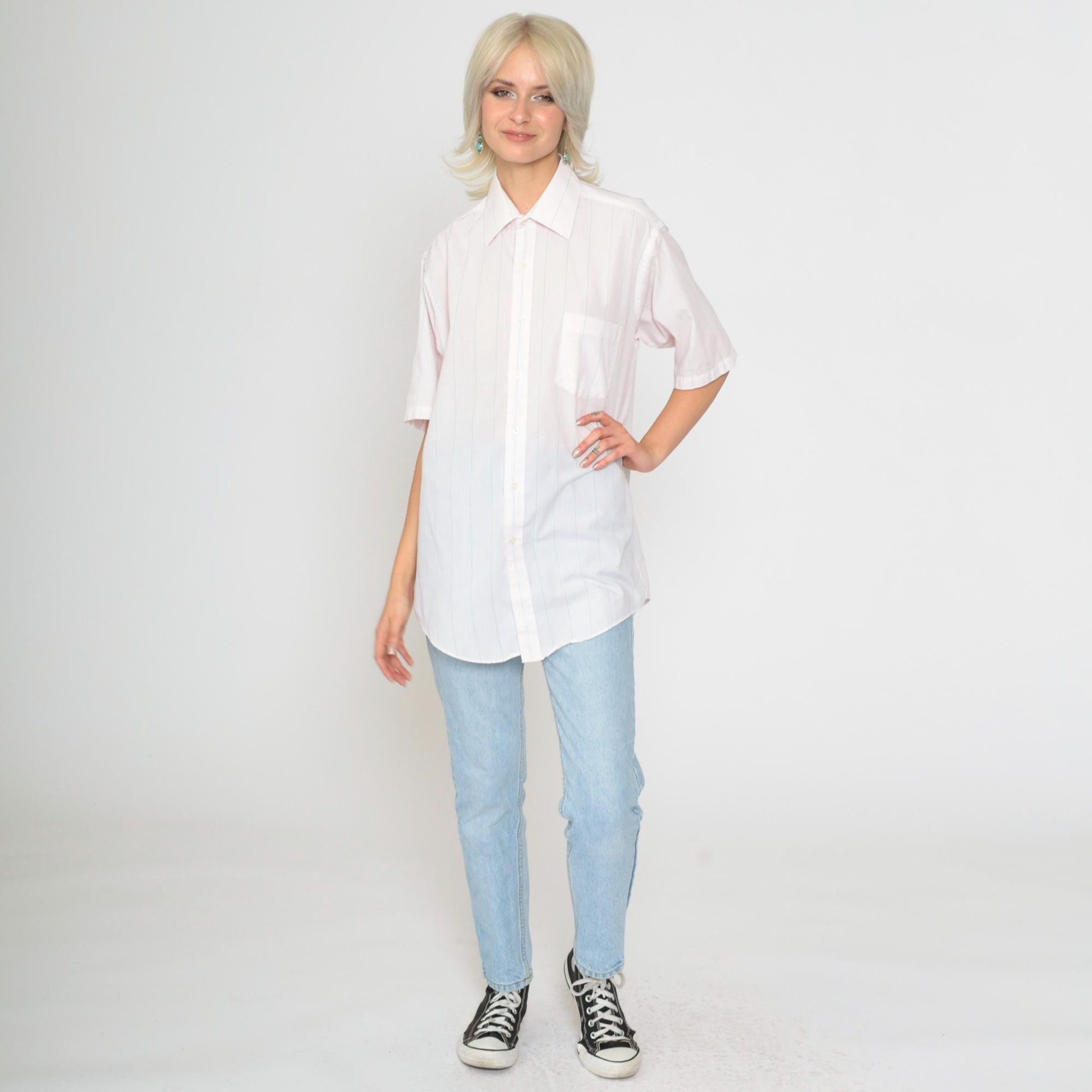 90s Van Heusen Striped Oxford Button-Up Shirt Baby Pink Blue Men's Medium