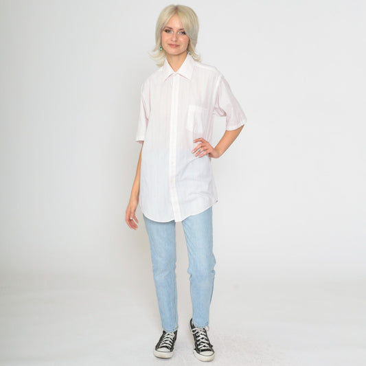 90s Van Heusen Striped Oxford Button-Up Shirt Baby Pink Blue Men's Medium