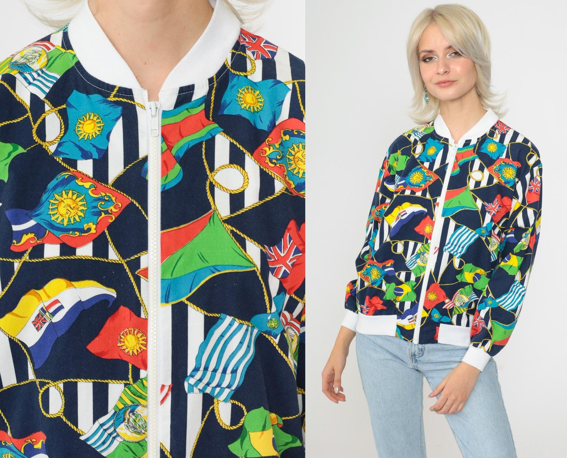 90s Nautical Windbreaker Jacket World Flags Print Navy Blue Medium