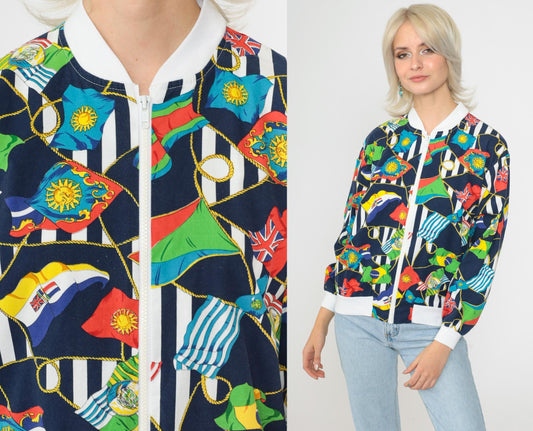 90s Nautical Windbreaker Jacket World Flags Print Navy Blue Medium