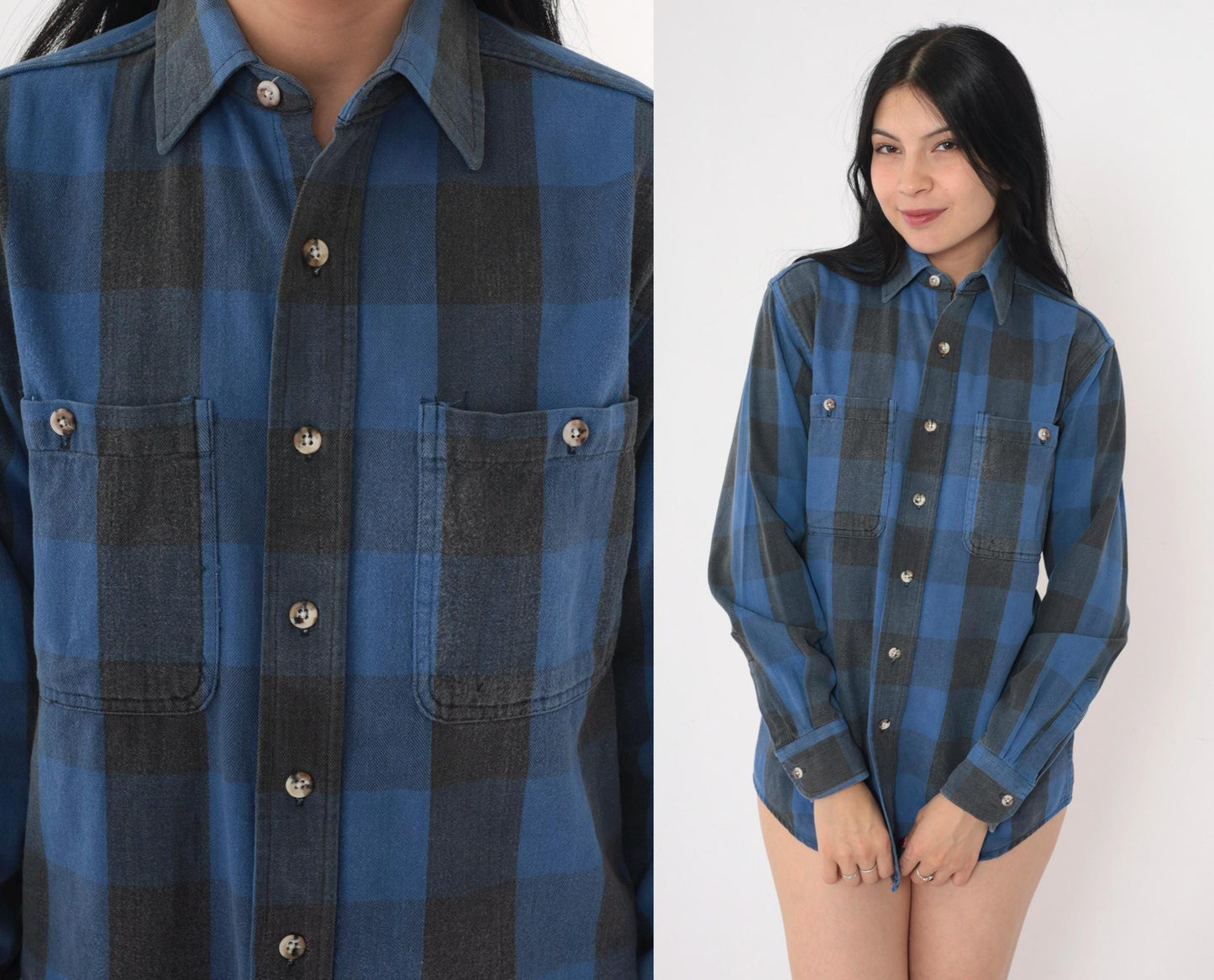 90s St Johns Bay Buffalo Plaid Button-Up Shirt Blue Black Cotton Small
