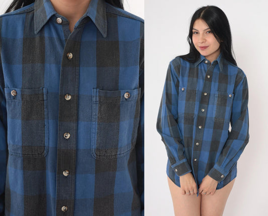90s St Johns Bay Buffalo Plaid Button-Up Shirt Blue Black Cotton Small