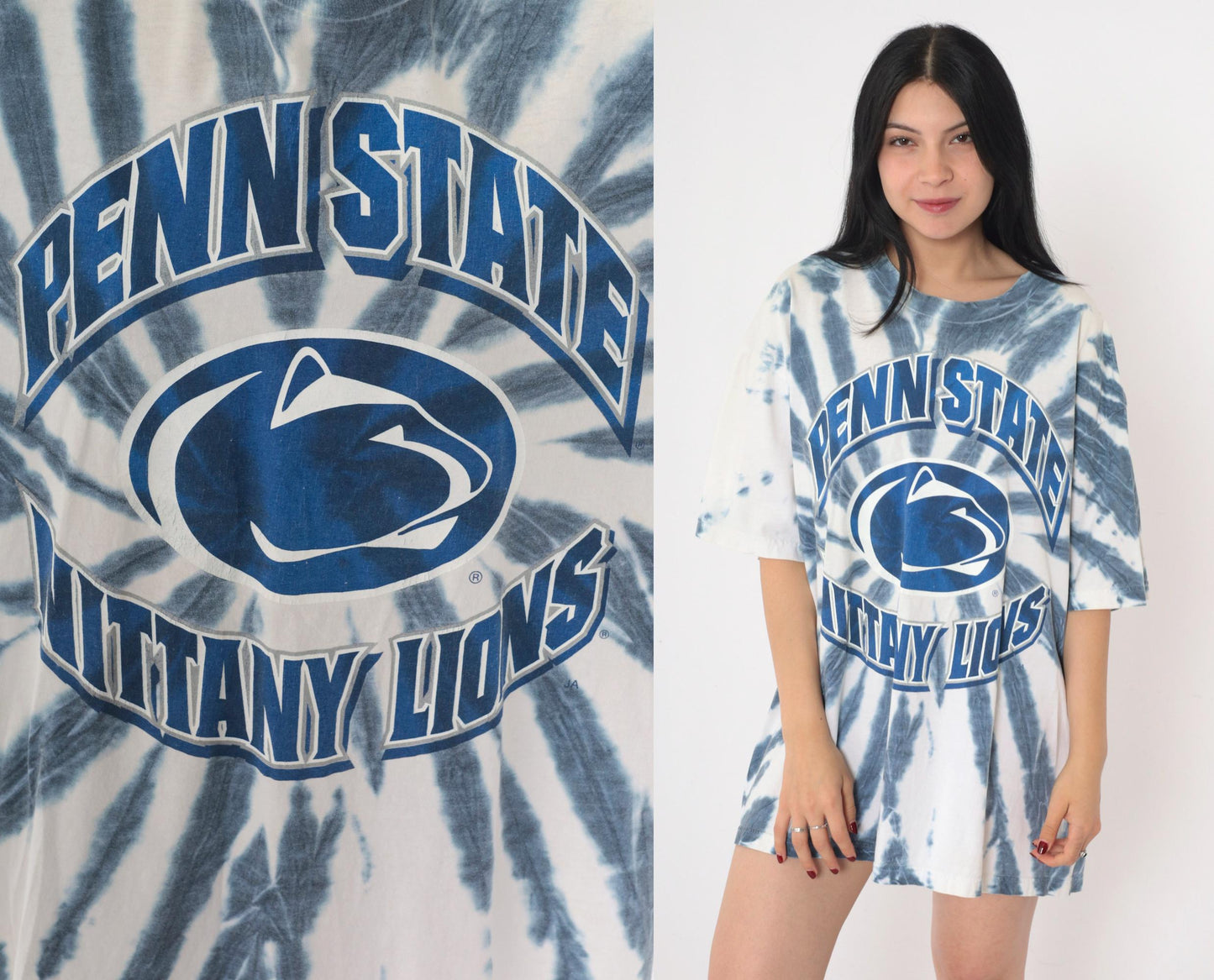 90s Penn State Nittany Lions Tie Dye T-Shirt Blue White Graphic Tee Extra Large XL