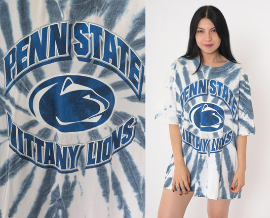 90s Penn State Nittany Lions Tie Dye T-Shirt Blue White Graphic Tee Extra Large XL