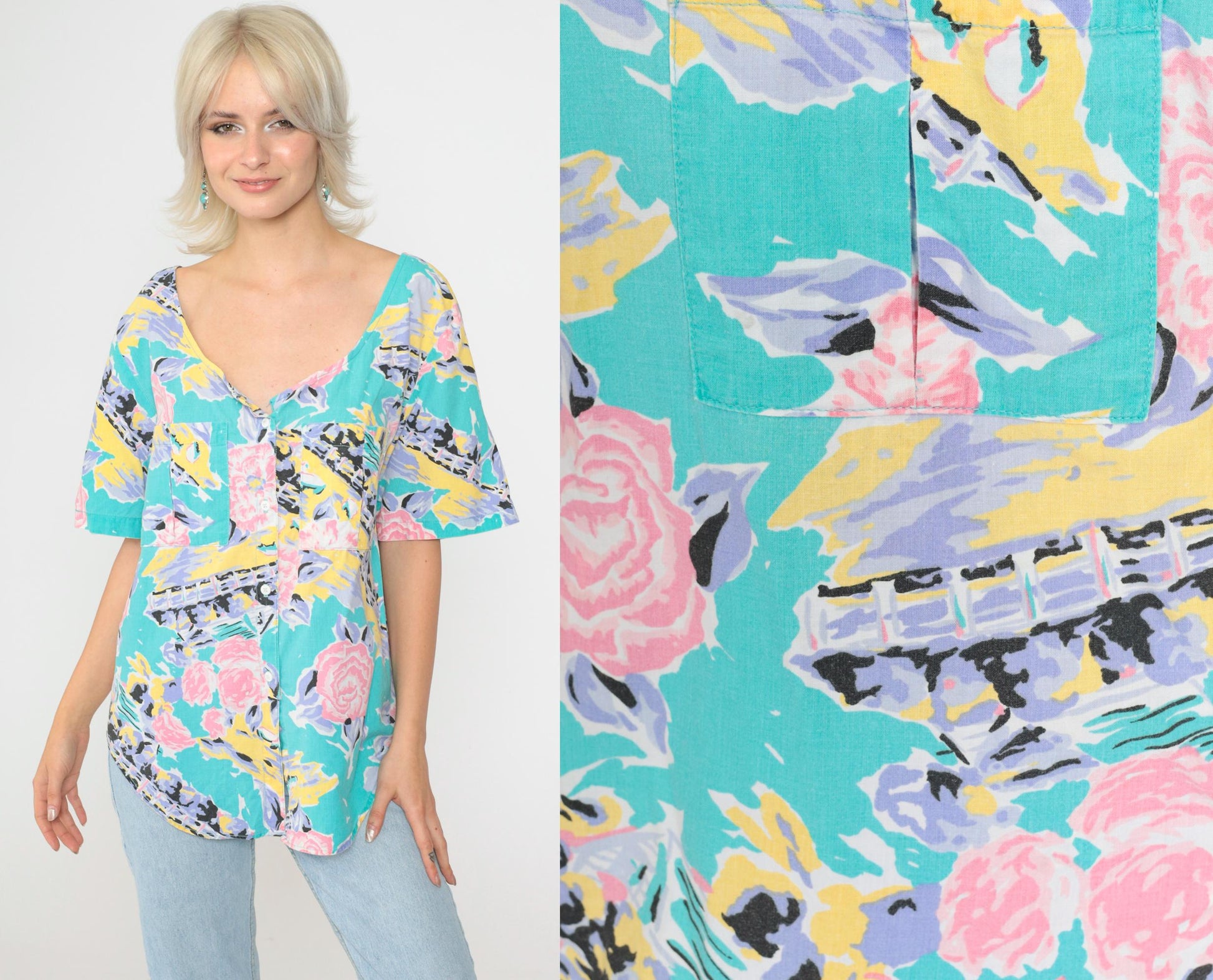 90s Cherokee Turquoise Floral Abstract Button-Up Blouse Short Sleeve Medium