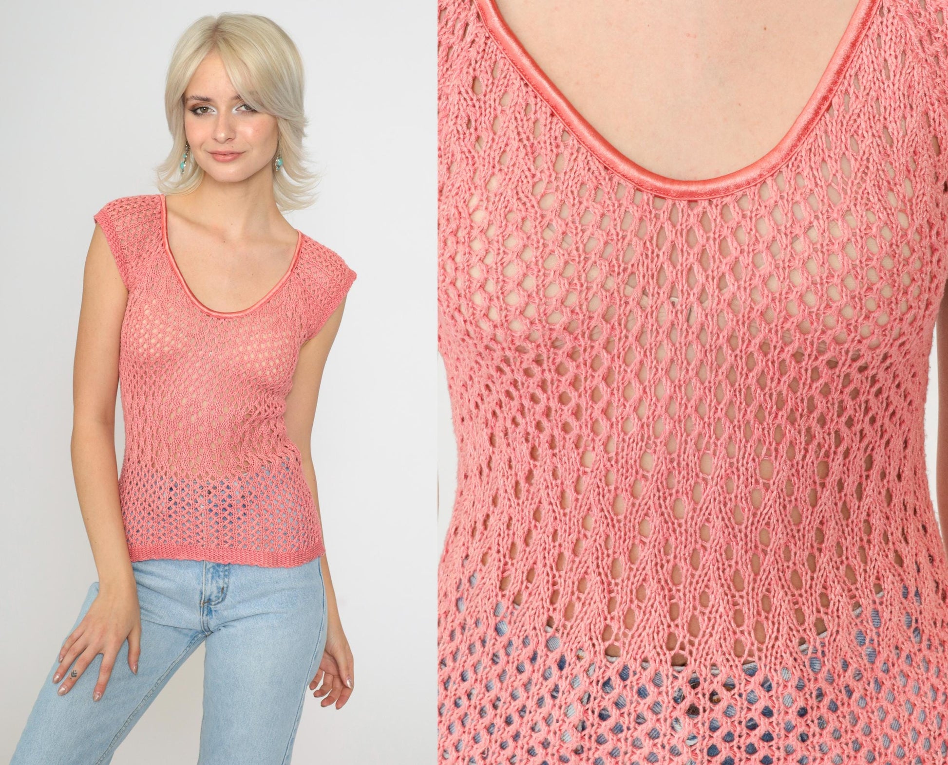 90s Pink Crochet Short Sleeve Top Sheer Knit Blouse Small