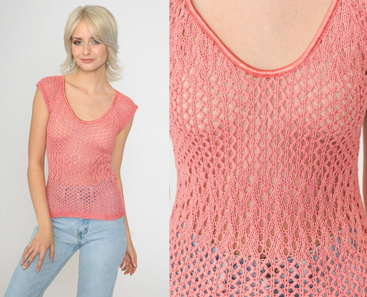 90s Pink Crochet Short Sleeve Top Sheer Knit Blouse Small