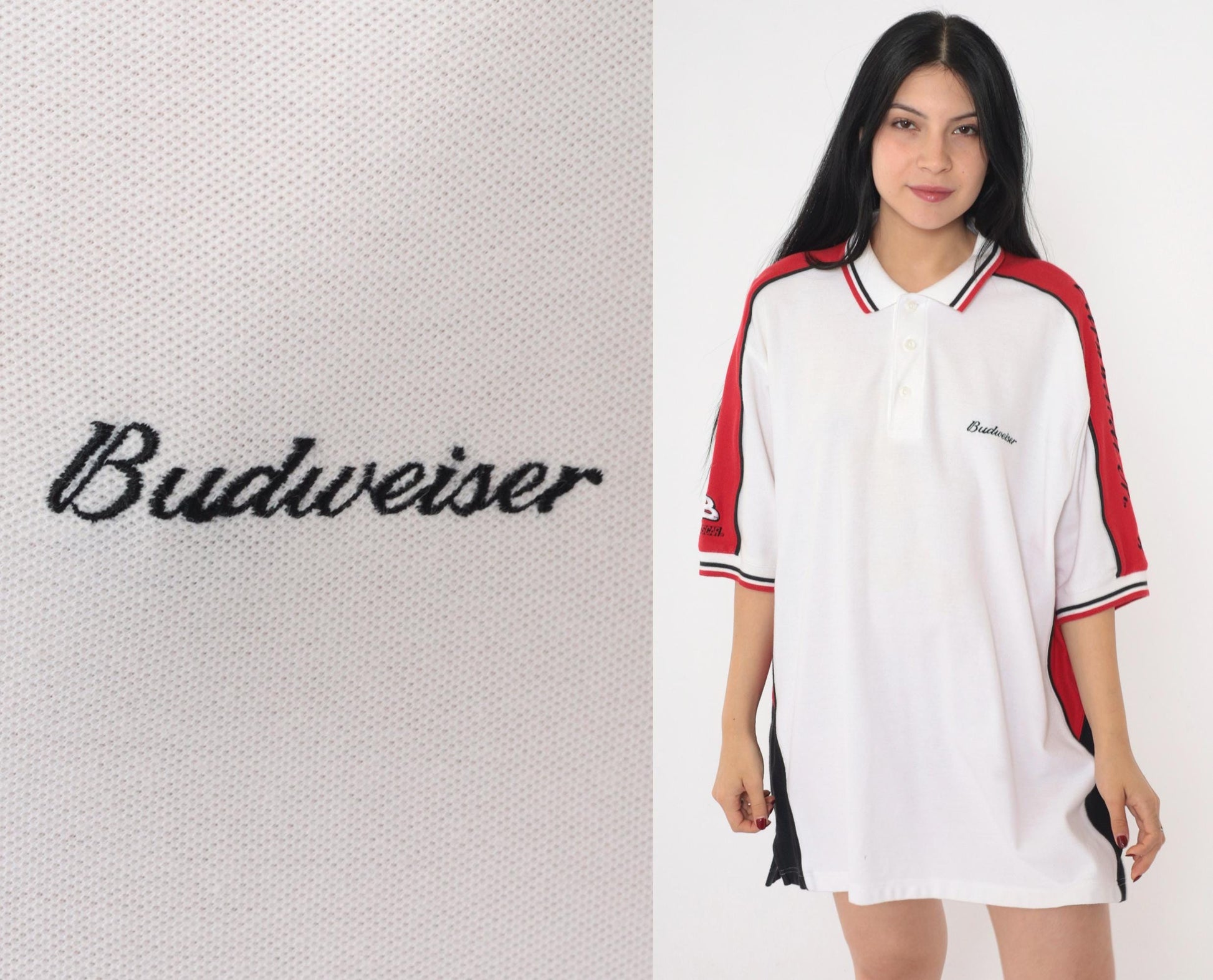 Y2K Budweiser Dale Earnhardt Jr NASCAR Polo Shirt White Red Striped XL