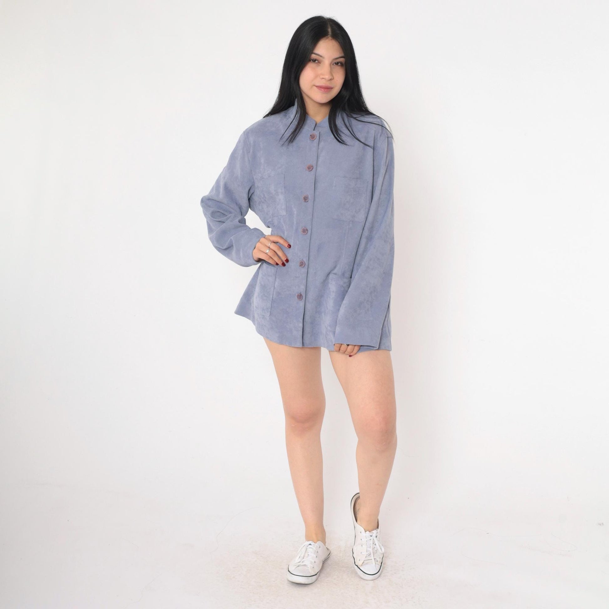 90s Blue Mottled Ribbed Jacket Stand Collar Button-Up Shacket Extra Large