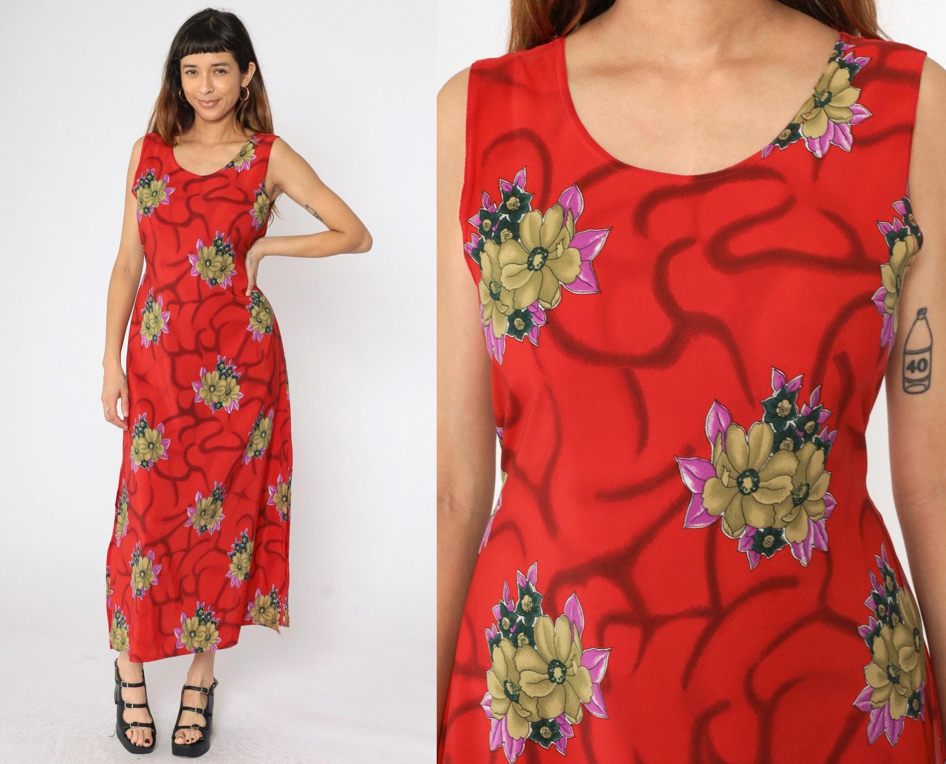 90s Red Floral Maxi Dress Sleeveless Scoop Neck Small S