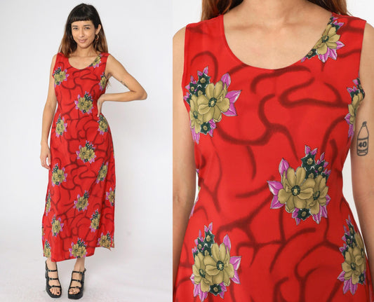 90s Red Floral Maxi Dress Sleeveless Scoop Neck Small S