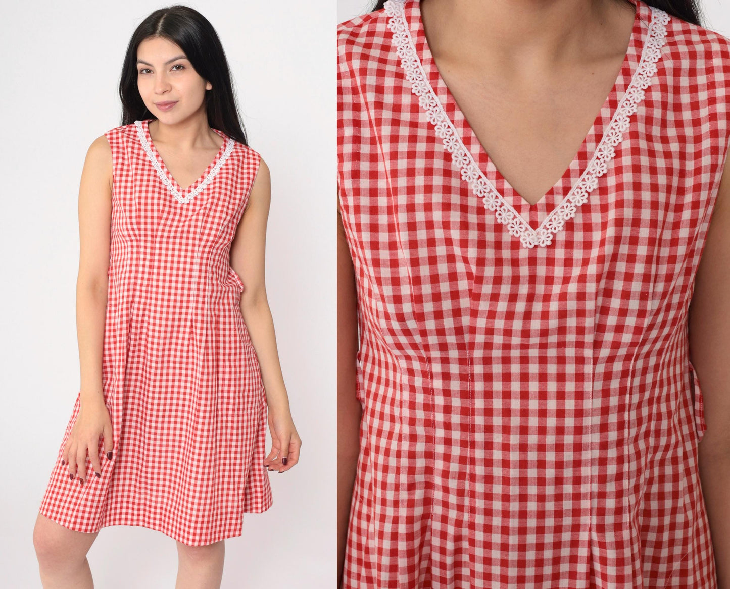 70s Red Gingham Mini Dress White Lace Trim V-Neck A-Line Small