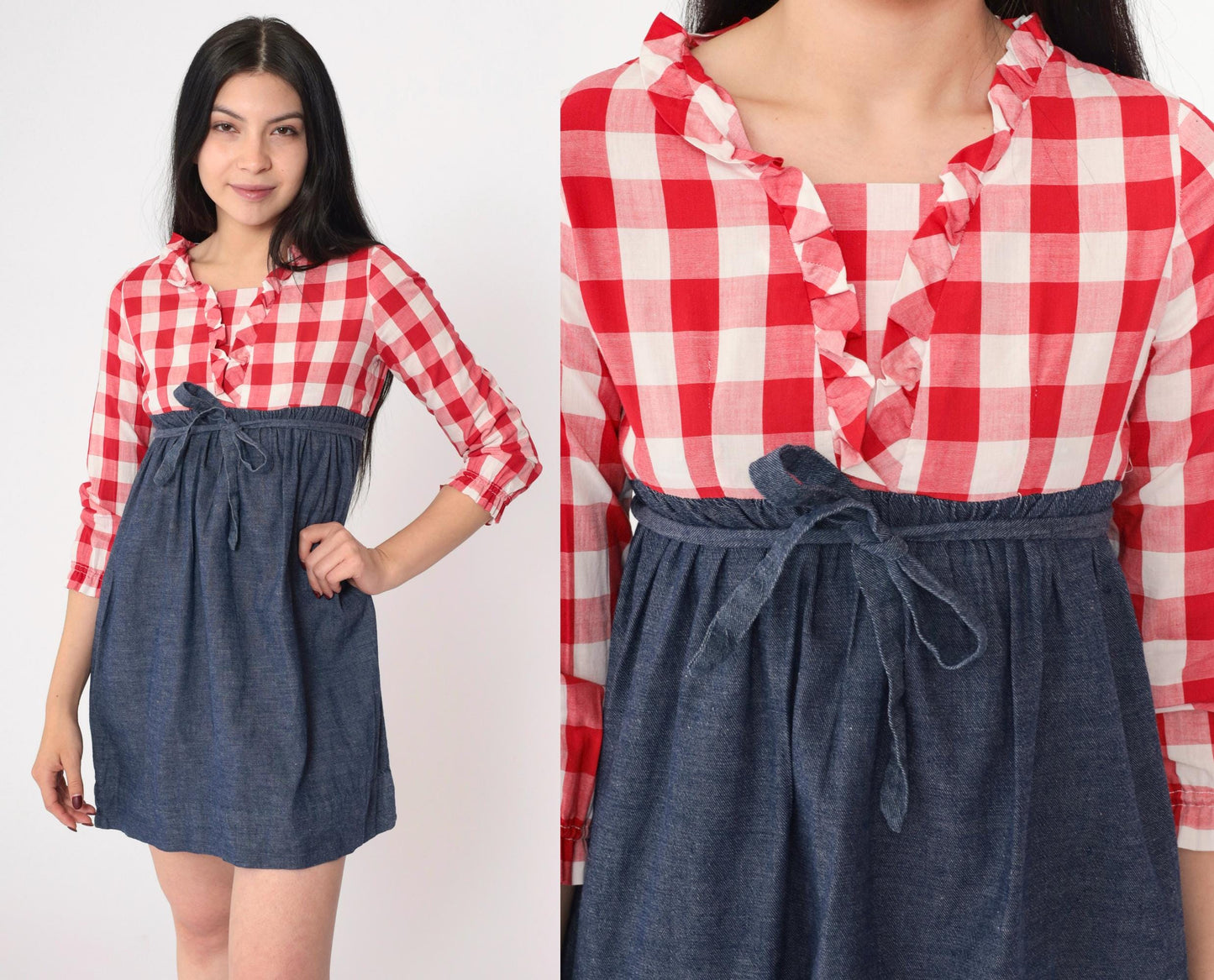 70s Babydoll Mini Dress Red Buffalo Plaid Empire Waist Ruffled Neckline XS