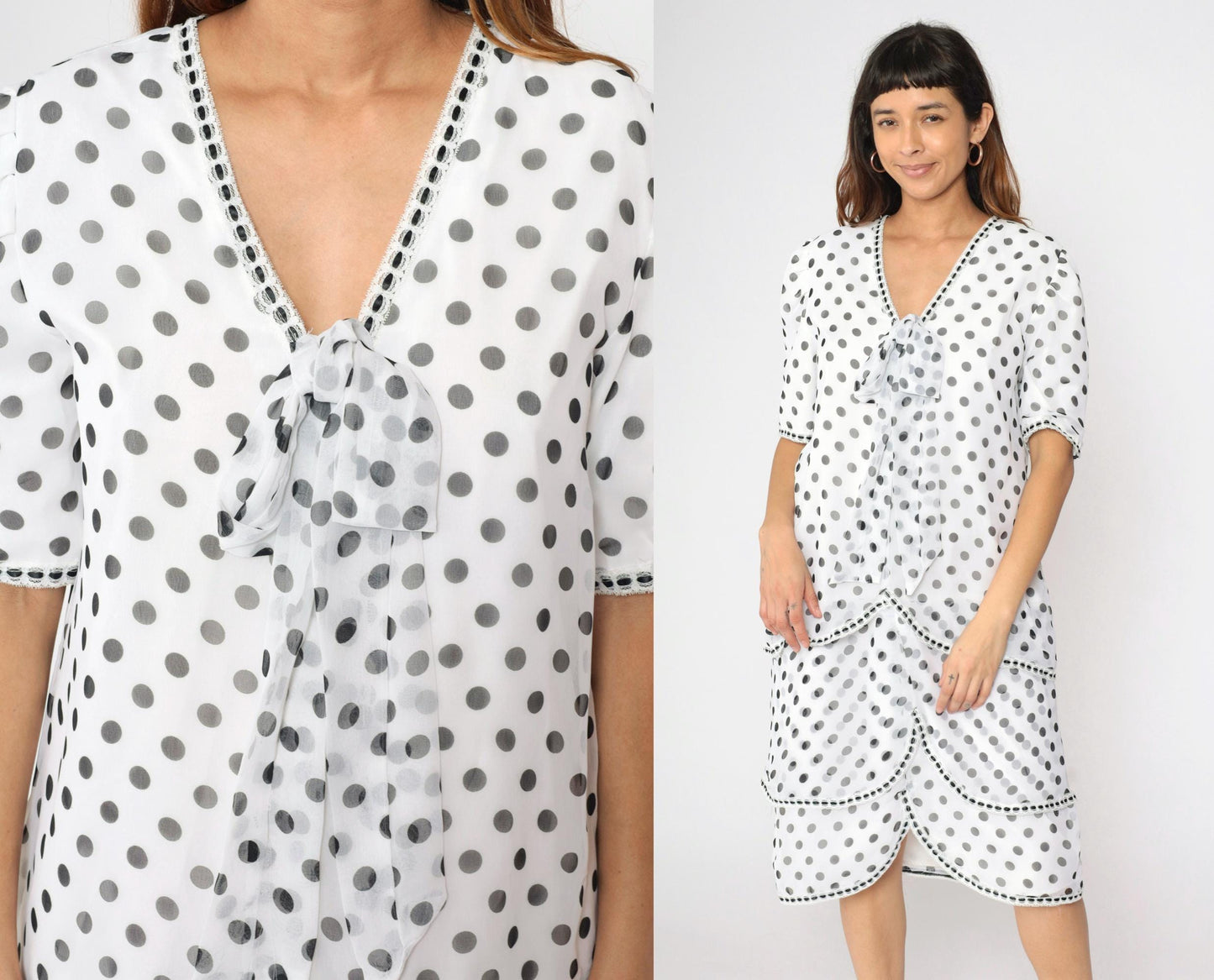 80s White Polka Dot Chiffon Midi Dress Puff Sleeve Ascot Bow Medium